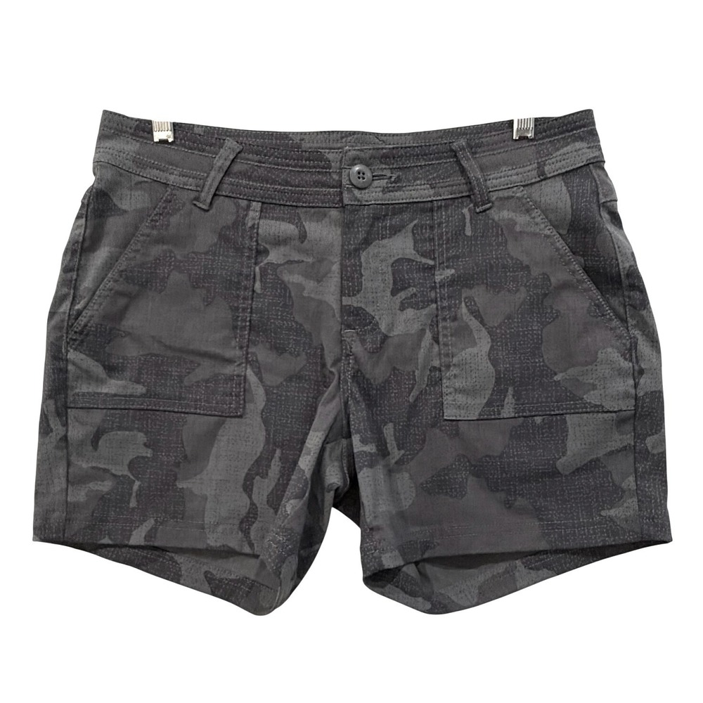 Prana Halle Shorts Charcoal Grey Camo Hiking Outdoor Stretch Nylon Womens Size 8